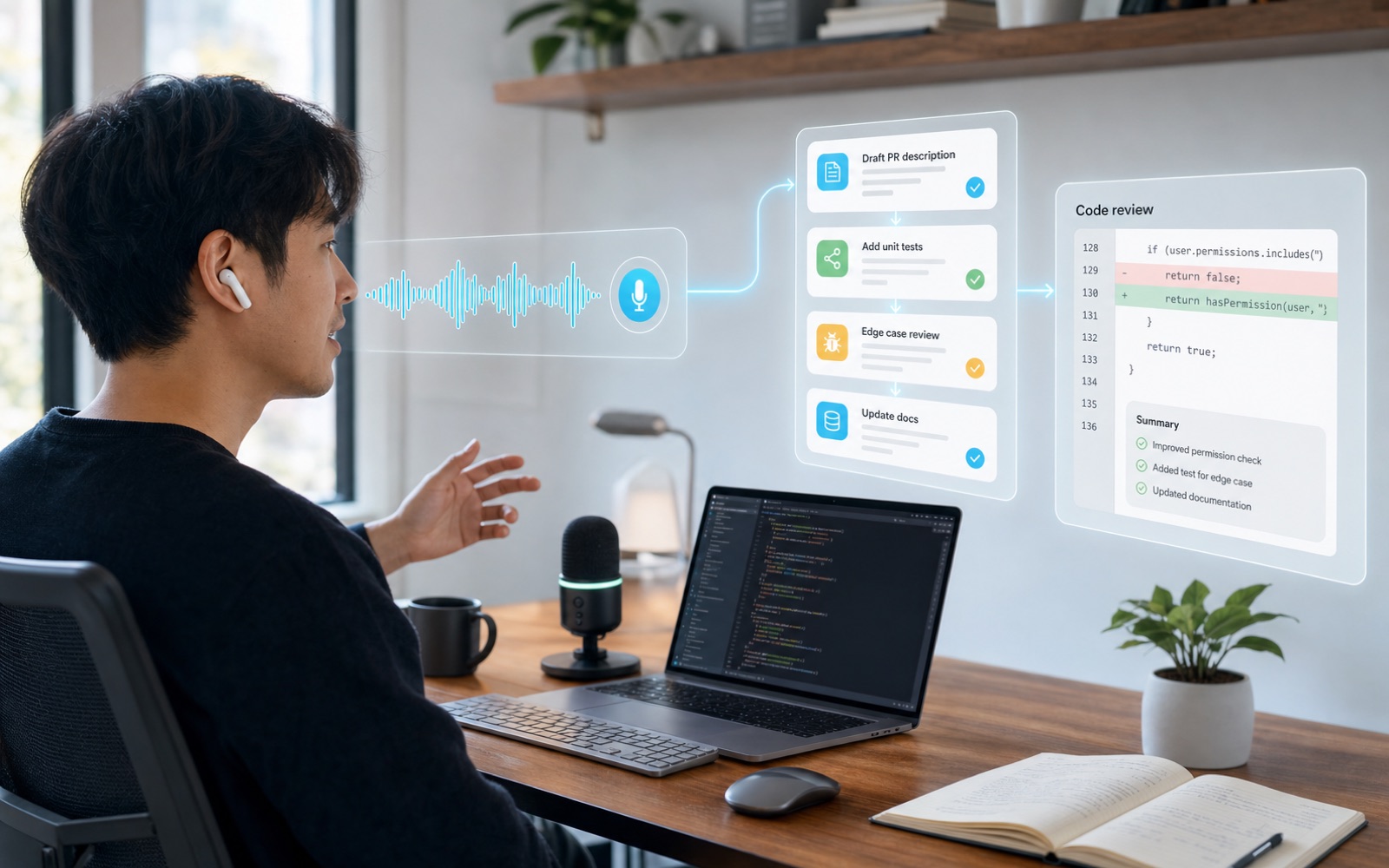 Developer speaking into a microphone while voice input turns into structured coding tasks and a code review.