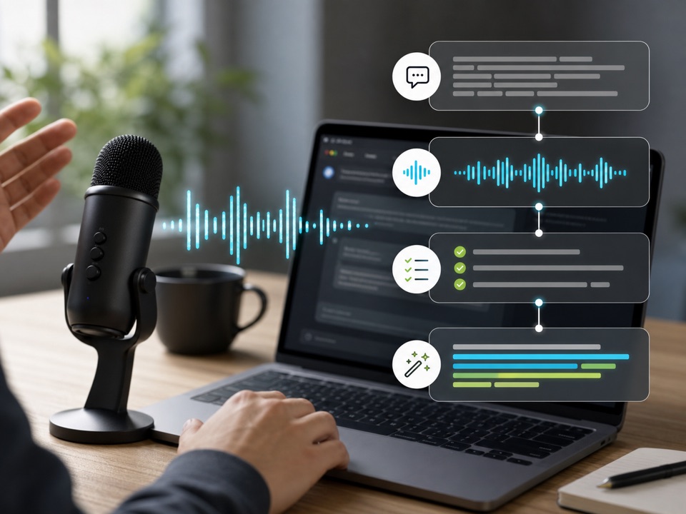 Voice waveform becoming organized AI prompt blocks on a laptop.