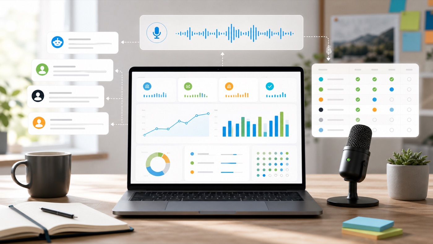 Voice workflow experiment dashboard showing community replies, tracker charts, and check marks.